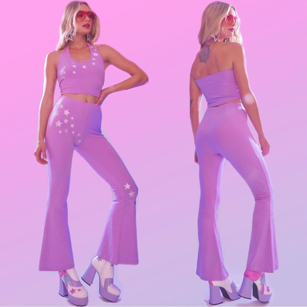 💘 THAT DISCO GLOW HALTER BELLBOTTOMS FLARE SET S NWT DEADSTOCK IN PURPLE PINK💘